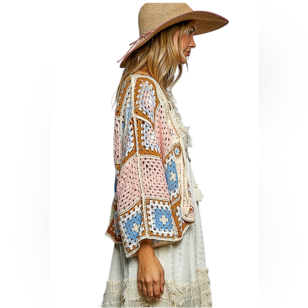 POL Pink, Ivory, Brown Crochet Granny Square Open Knit Cardigan. - Picture 2 of 6